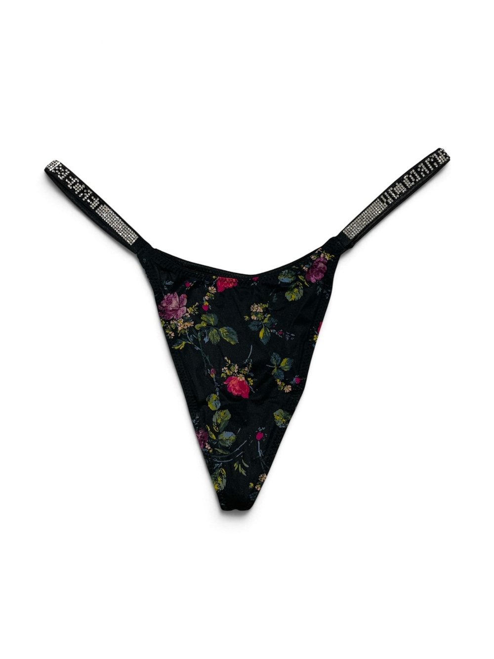 Victoria's Secret Very Sexy Black Floral Rhinestone-Trim V-String Thong | S NWT